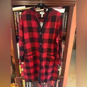 Denim&Co Red and Black Buffalo Plaid Hooded Cardigan